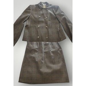 VTG Bill Blass Ultrasuede Skirt Suit Brown Houndstooth 70s Button Front Blazer
